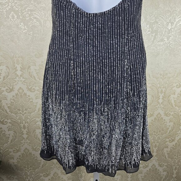 BASIX II Sz 4 100% Silk Gray Halter Dress Silver Sequin Embellishment Open Back - Picture 9 of 14